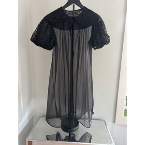 Women's Gothic Black Sheer Lace Open Front Robe Tie Overlay Dress Medium